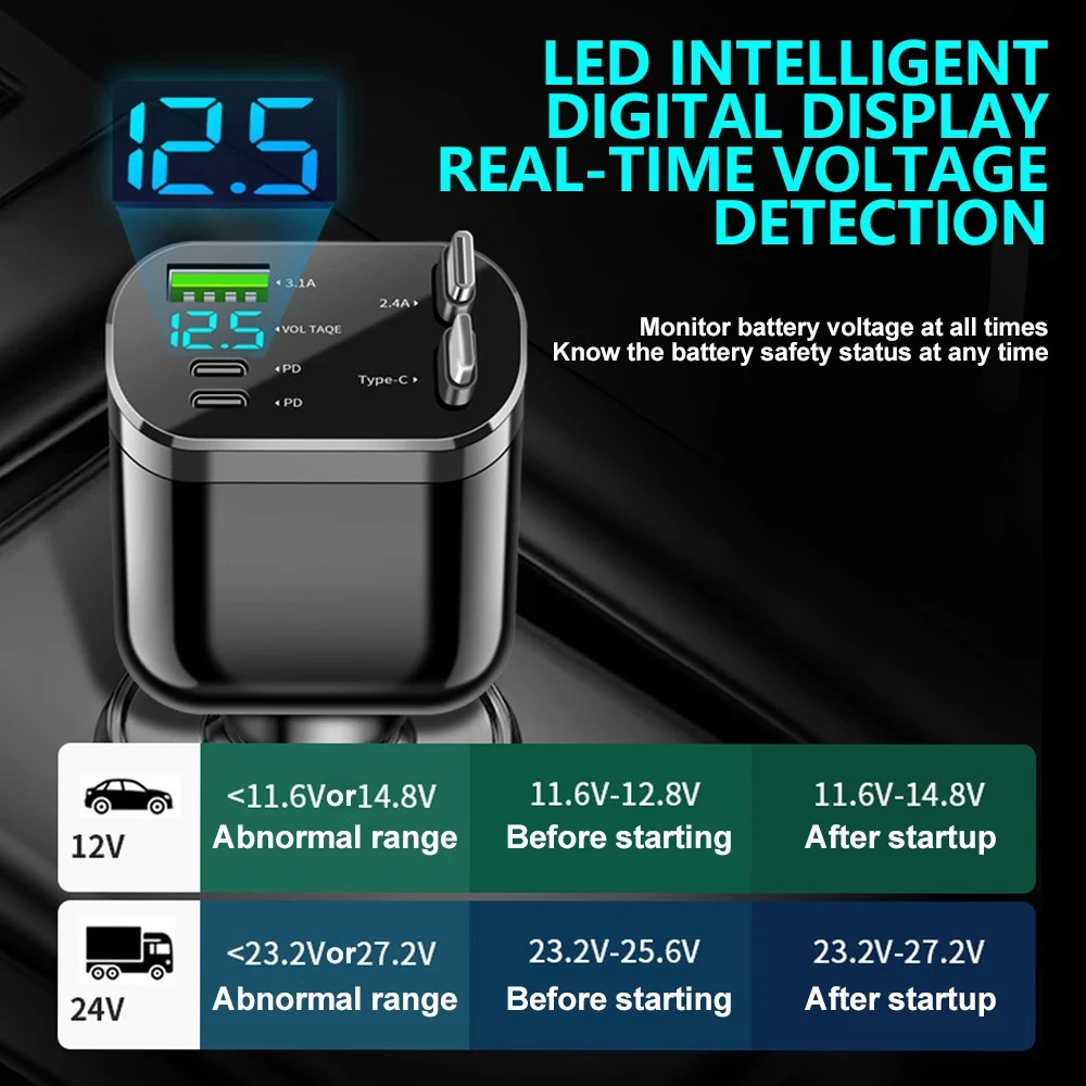 75W 5 IN 1 Retractable Car Charger Mobile Phone USB PD Type C Cable For iPhone Fast Charge Cord Cigarette Lighter QC/PD Adapter