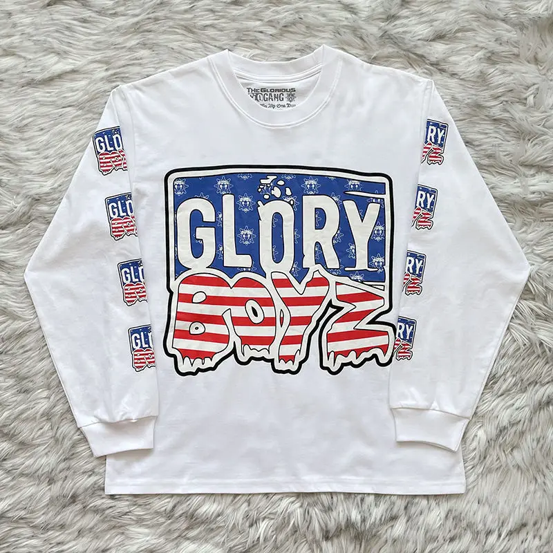Hip Hop Oversized Long Sleeve T-Shirt Glo Gang US Flag Sleeve Allover Print Basic Cotton Tee