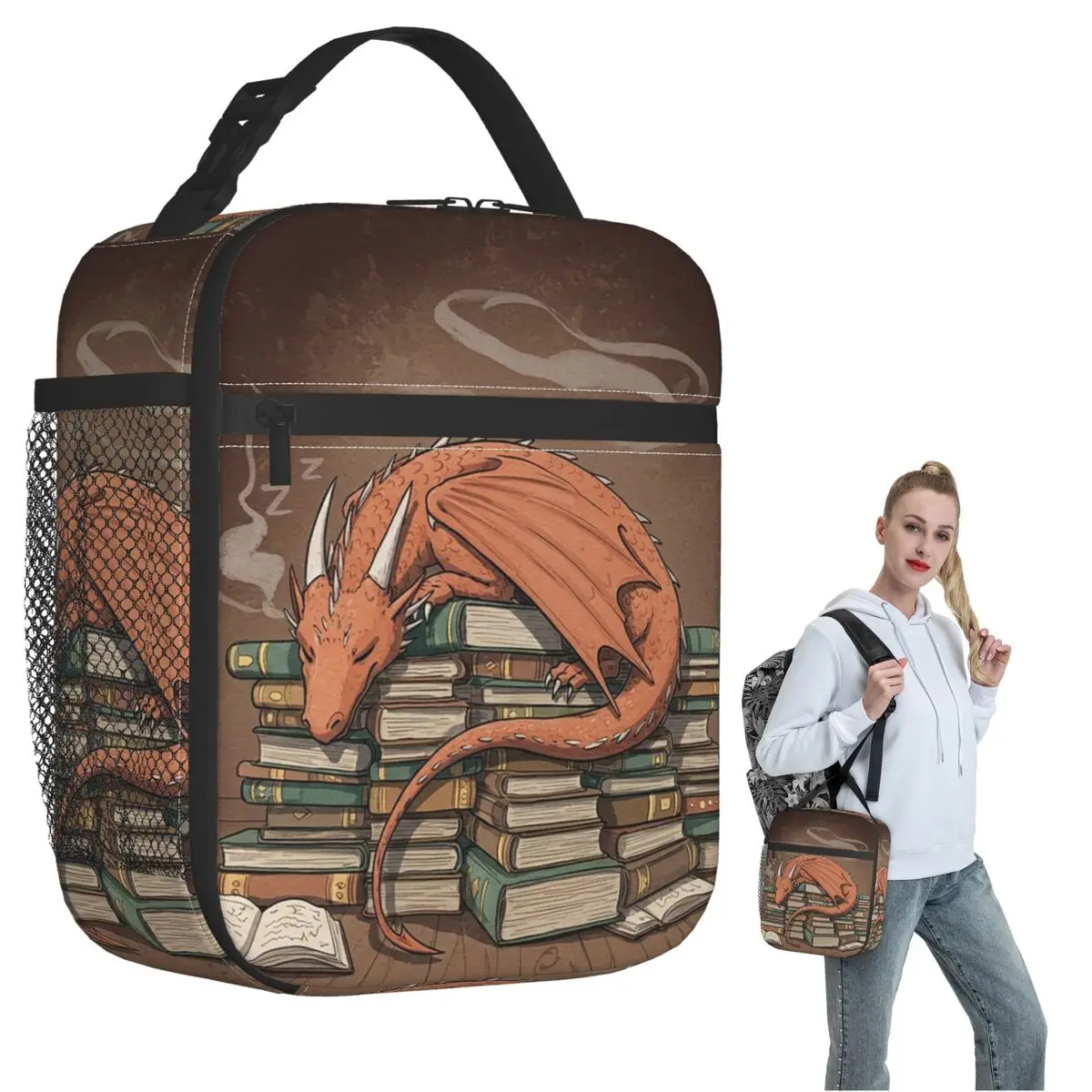 Cute Dragon Sleeping On A Book Insulated Lunch Bag for Women Children Leakproof Food Boxes Thermal Lunch Box Tote