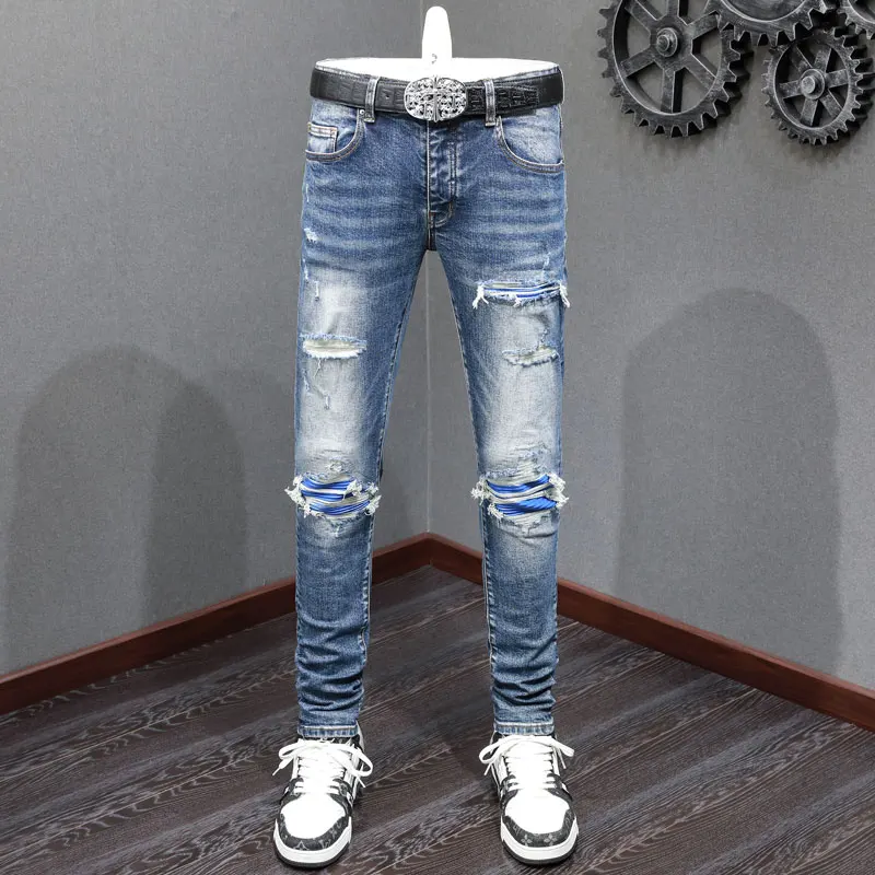 

Streetwear Fashion Men Jeans Retro Blue Stretch Skinny Fit Ripped Jeans Men Leather Patched Designer Hip Hop Brand Denim Pants