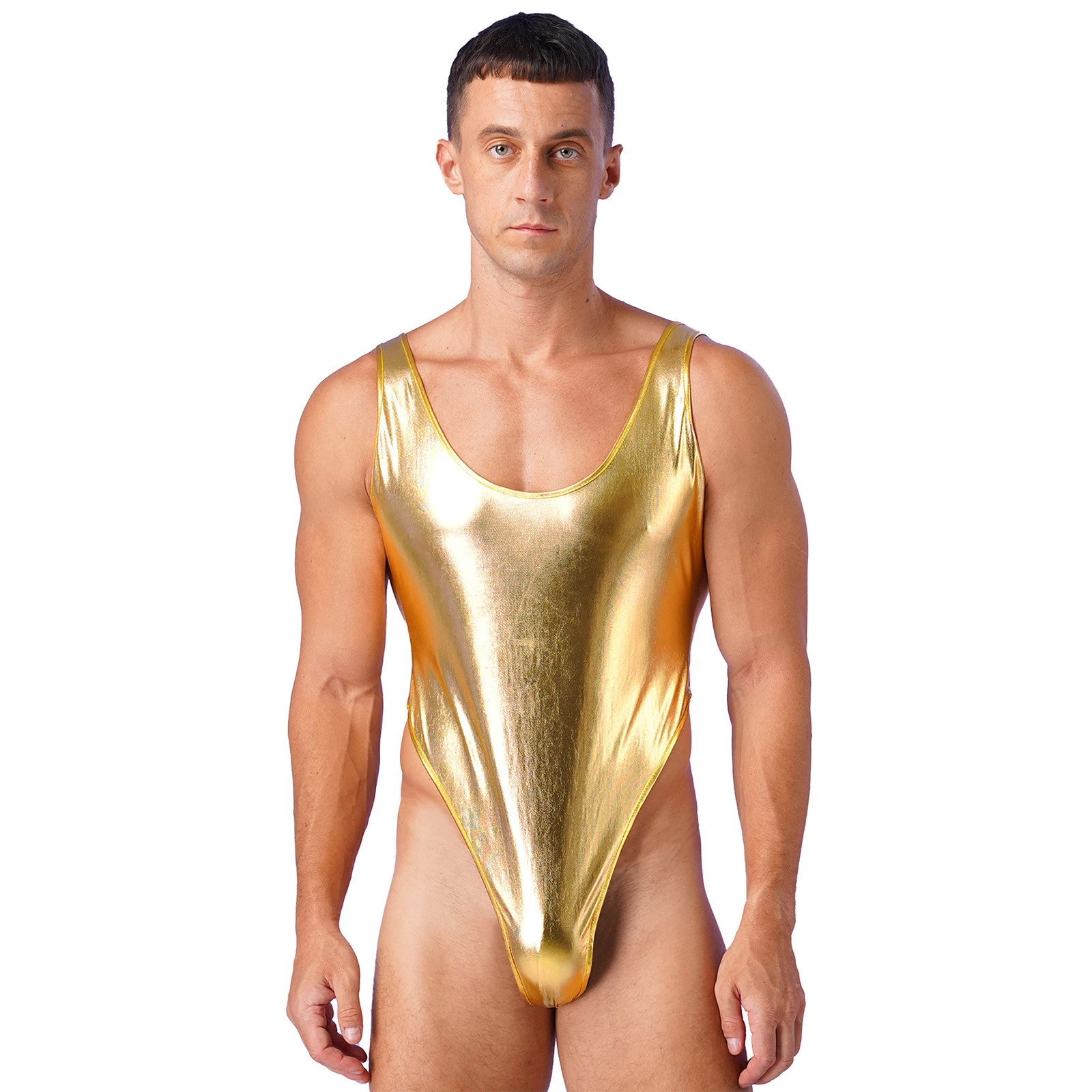 Mens One-piece Swimsuit Swimear for Man Bathing Suit Sleeveless High Cut Wetlook Faux Leather Stretch Leotard Beach Bodysuit