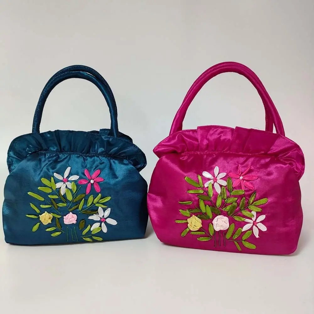 Satin Silk Embroidery Flower Handbag Ruffle Ethnic Style Tote Bag Korean Shopping Bag Zipper Flower Wrist Bag Outdoor