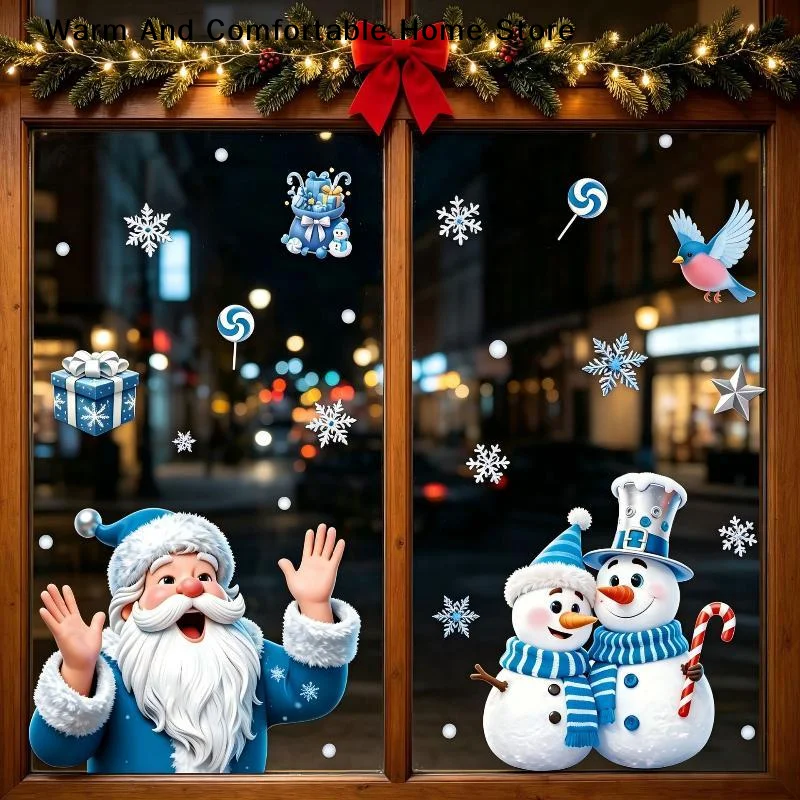 【W】Creative Christmas Snowflake Snowman Glass Sticker Blue Crystal Ball Santa Claus Static Cling Window Decoration