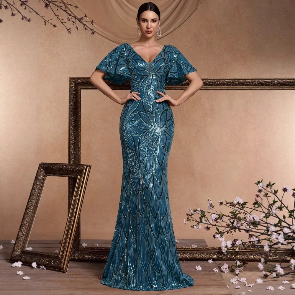 

Luxury Blue-Green Leaf Pattern Sequin Mesh Evening Gown V Neck Puff Flutter Sleeve Fitted Mermaid Banquet Dress