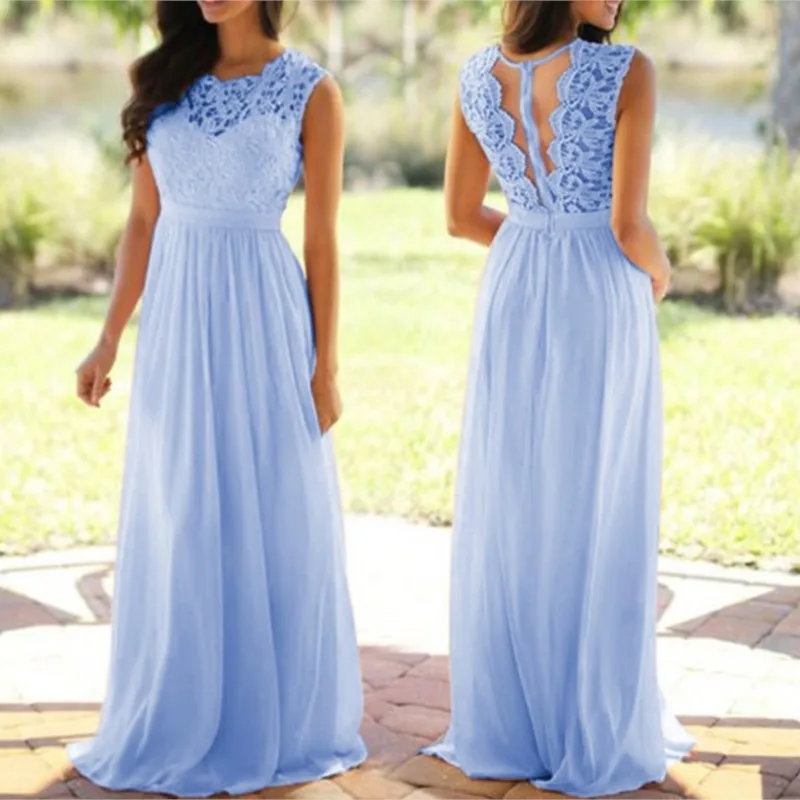 

Elegant Party Dresses For Women Sexy Lace Hollow Solid Sleeveless Long Dress Fashion Women's O Neck Chiffon Dress Vestidos