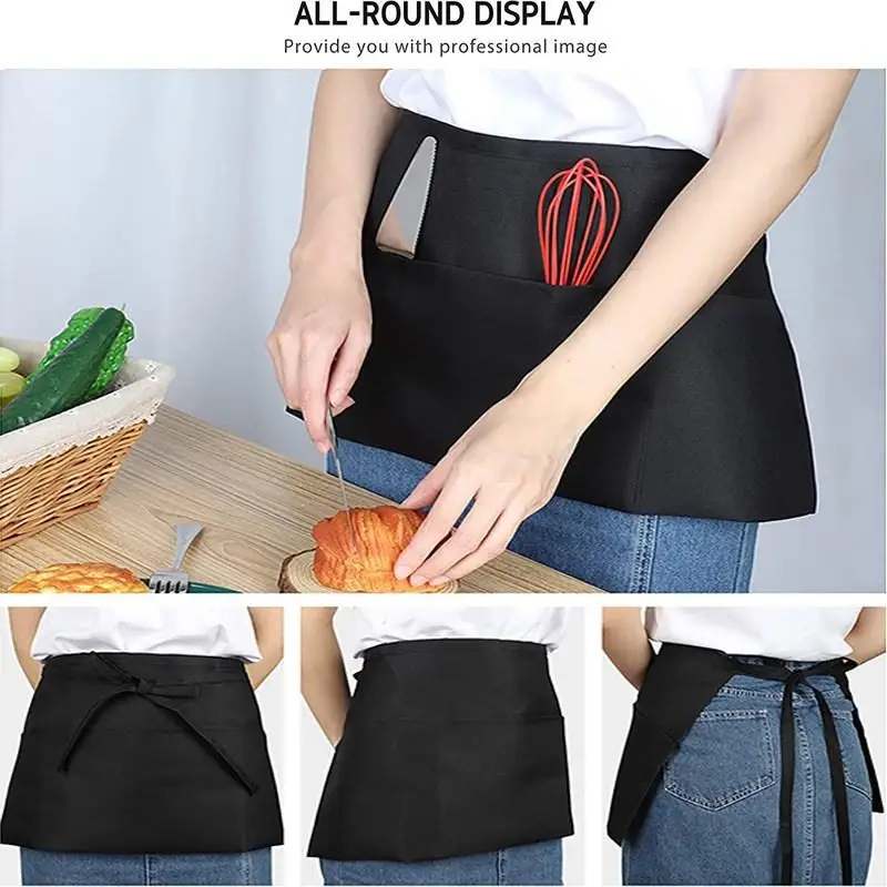 Modern Waist Aprons,, Large Pocket for Barista, Server, Bartender - Black Half Bib Work Apron for Cafe & Restaurant〔CC88〕