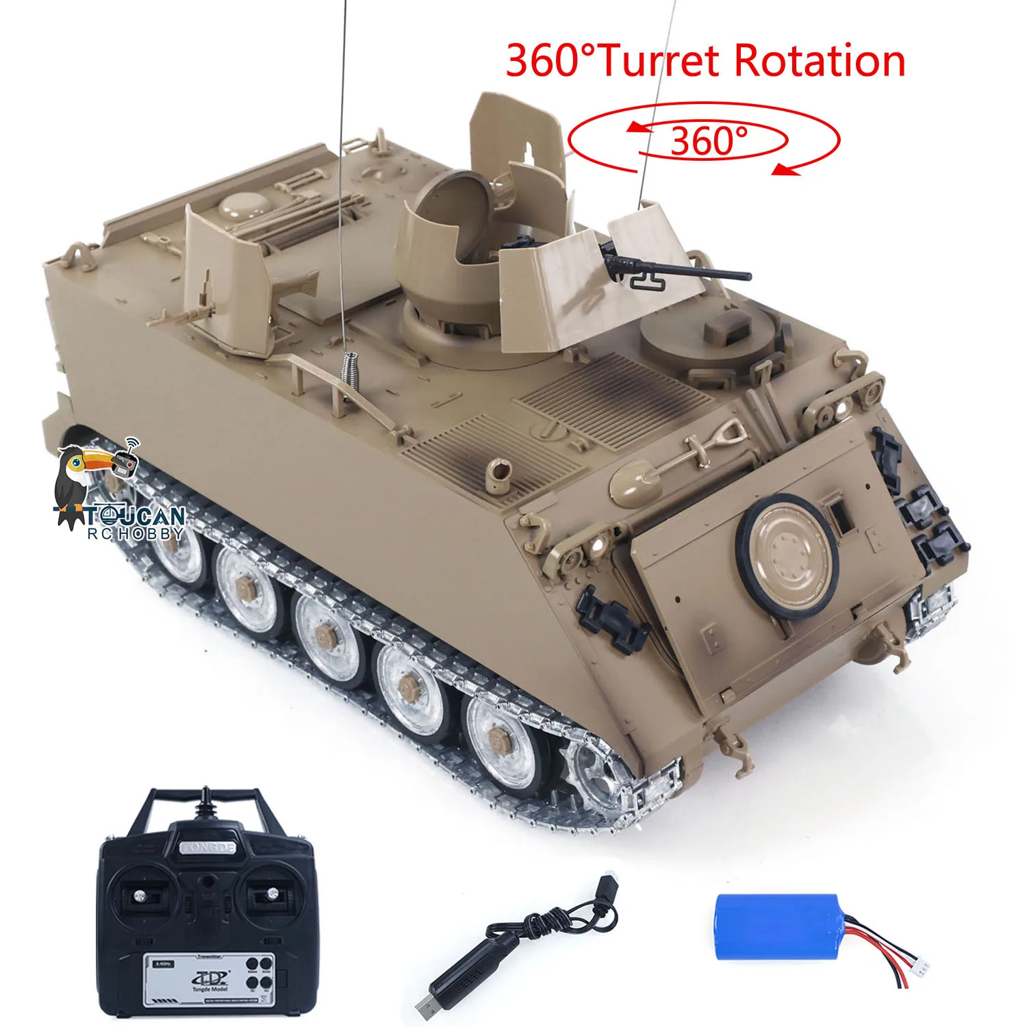 

Танк TD RC 1:16 M2412-B M113A1 ACAV 360, вращение турели, инфракрасные металлические колеса, коробка передач, дымовой блок, радиоуправление, военный танкер