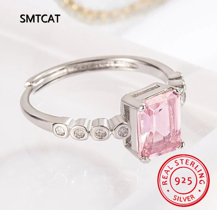 Emerald Cut Created Pink Sapphire 925 Sterling Silver Geometric Rectangle Adjustable Ring for Women Statement Gemstone Jewelry view 5