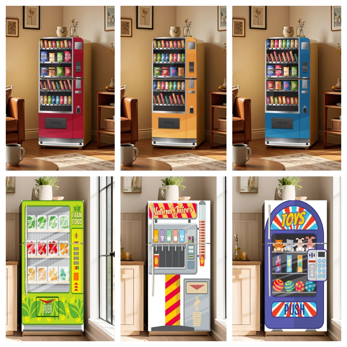 Cartoon Drink Water Vending Machine Refrigerator Sticker Creative Vinyl Fridge Door Decor Decal Cabinet Home Aesthetic Decor