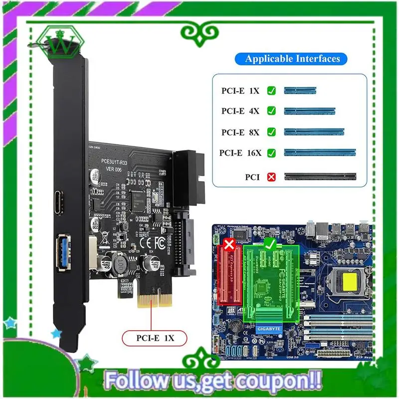 

ABIK-PCI-E 1X To USB 3.2 Gen1 USB3.2 Type-C Front Adapter Card 2 Ports (Type C+ Type A) Expansion Card