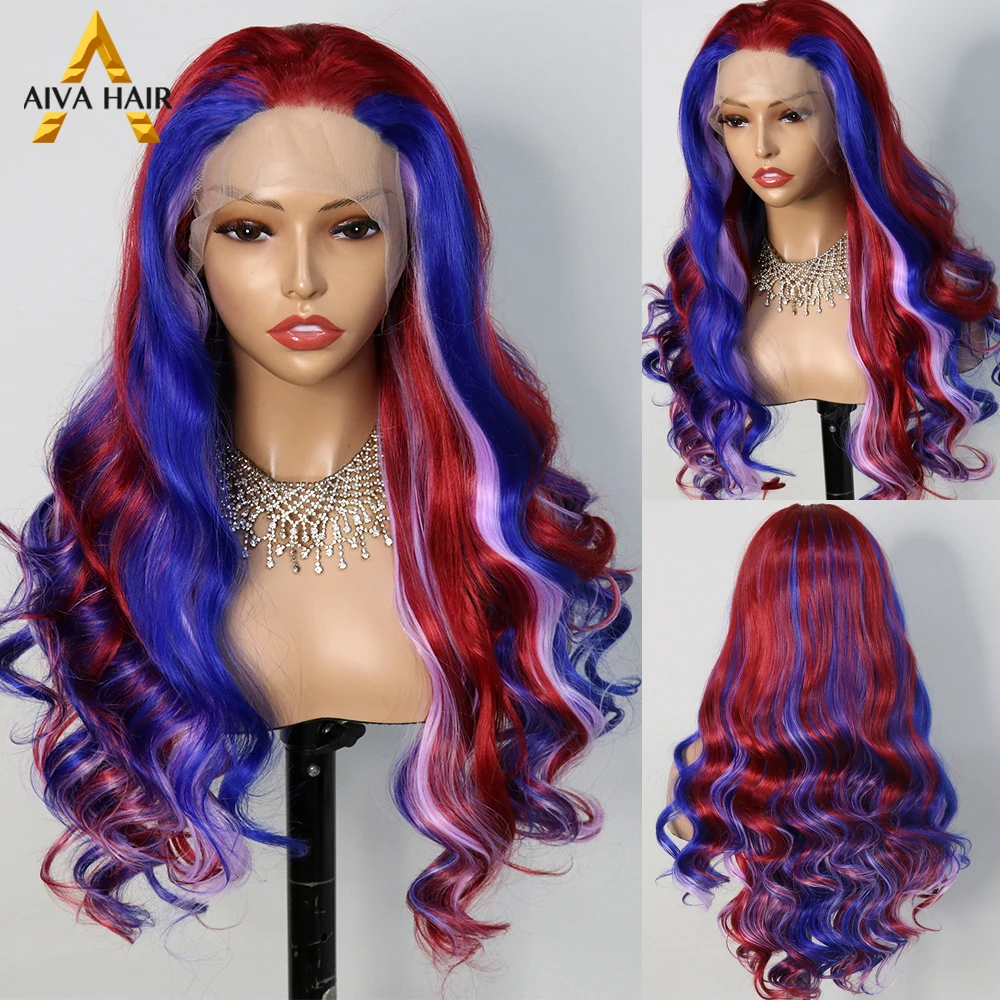 

Red Purple Color Synthetic 30 Inch 13x4 Lace Front Wig Loose Wave Cosplay High Temperature Fiber Wigs For Women Glueless 180%