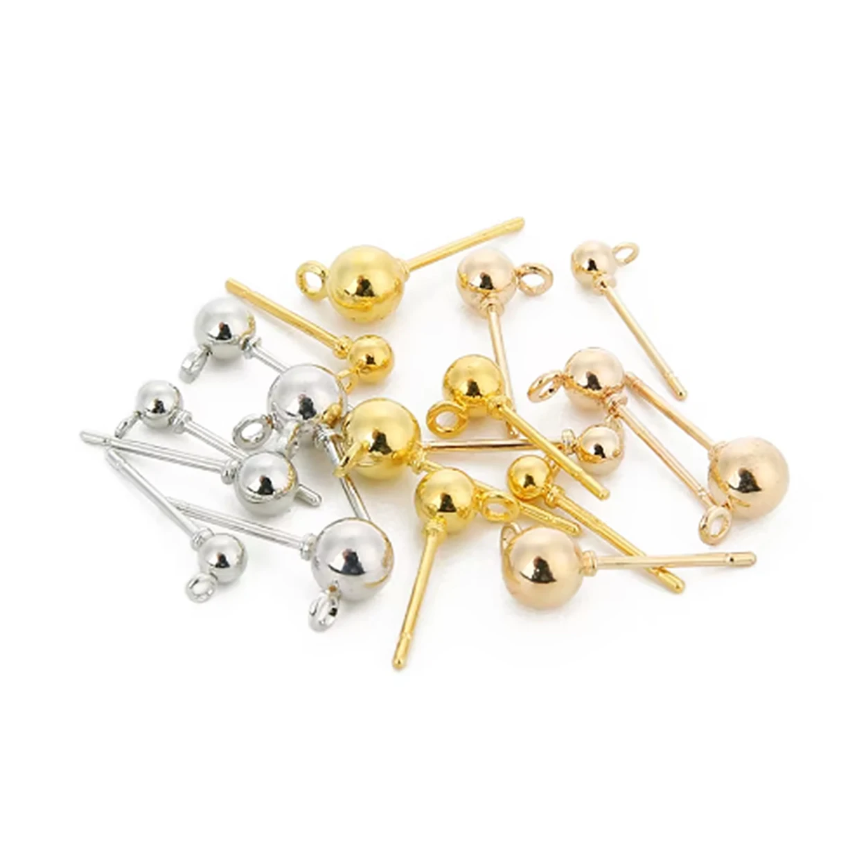 20pcs/lot Iron Earring Post Studs Plated Real Gold Round Ball Ear Posts Needle Stud with Loop For DIY Jewelry Making Earrings