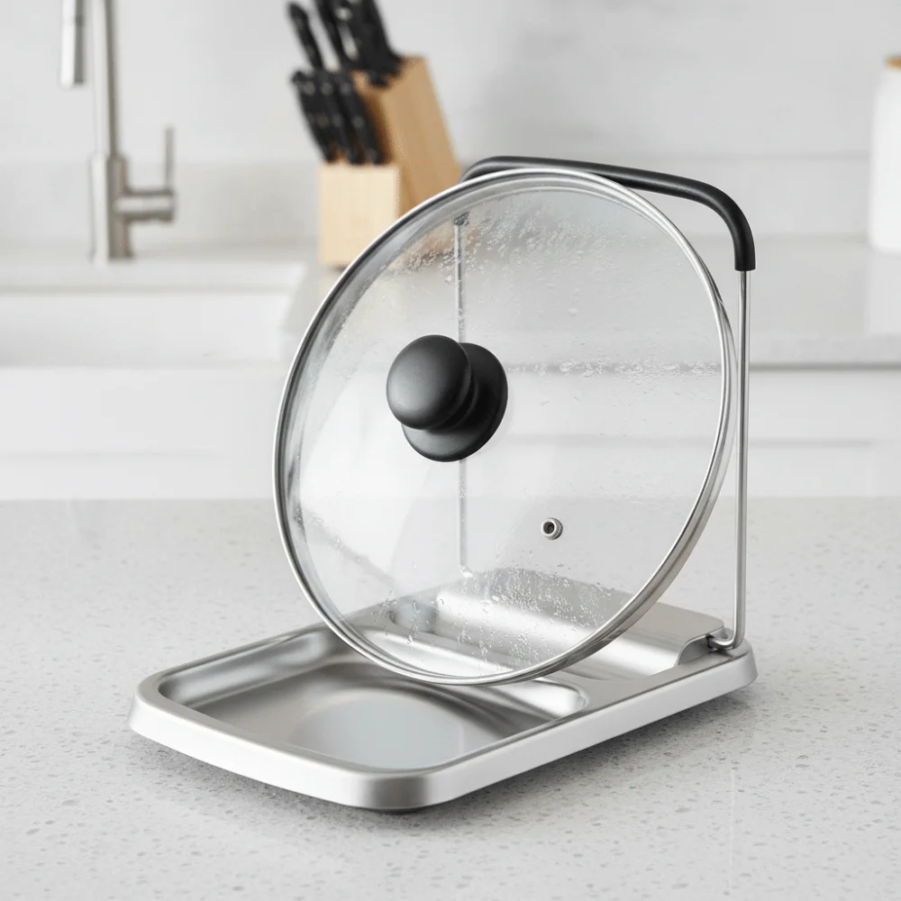 304 Stainless Steel Pot Lid Shovel Storage Rack Folding Bracket Deepened Groove Design Kitchen Utensil Rest Space-saving
