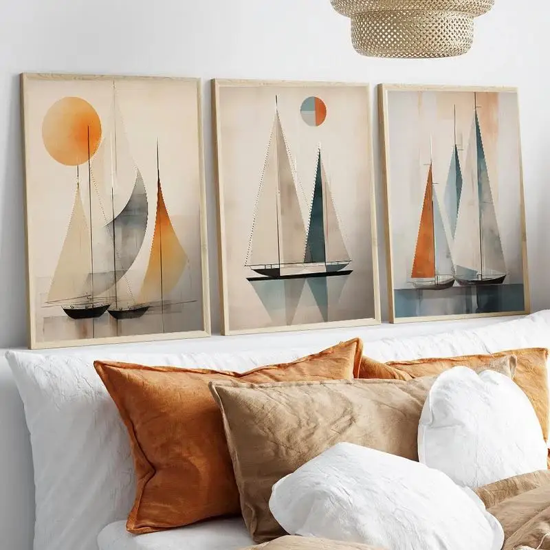 Abstract Boat with Sun Art Poster Prints, Sailing  Boho Canvas Painting Mid Century for Living Room Home Decor Cuadros