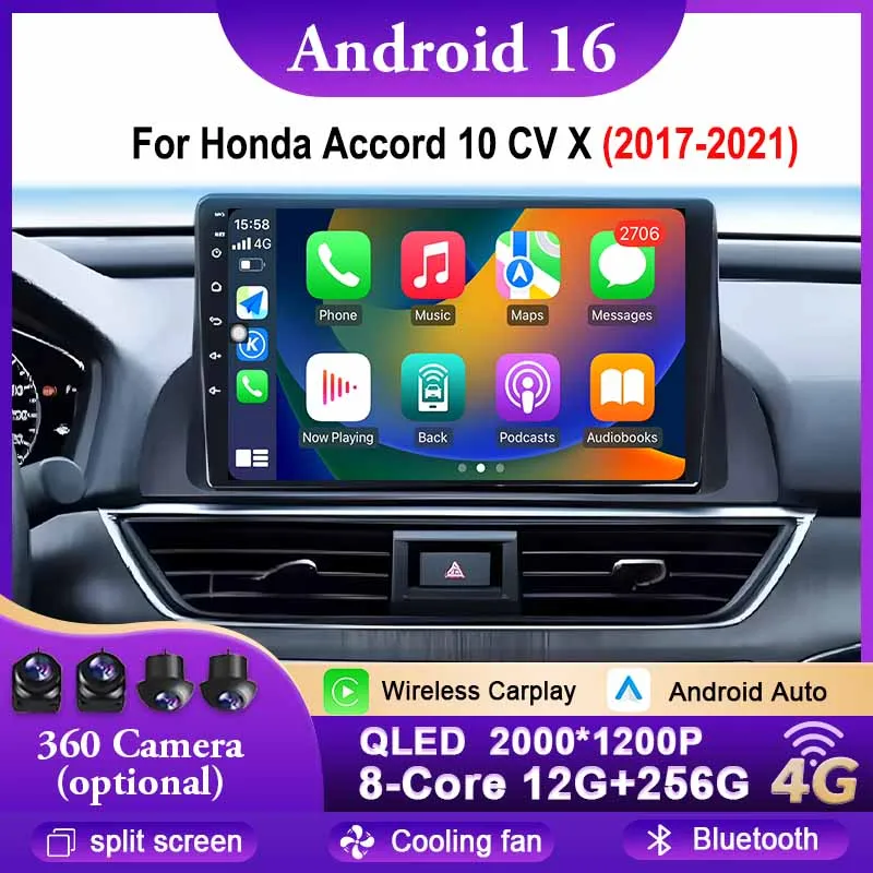 

Android 16 Carplay авто радио WIFI 4G мультимедийный плеер для Honda Accord 10 CV X 2017-2021 стерео Bluetooth головное устройство QLED