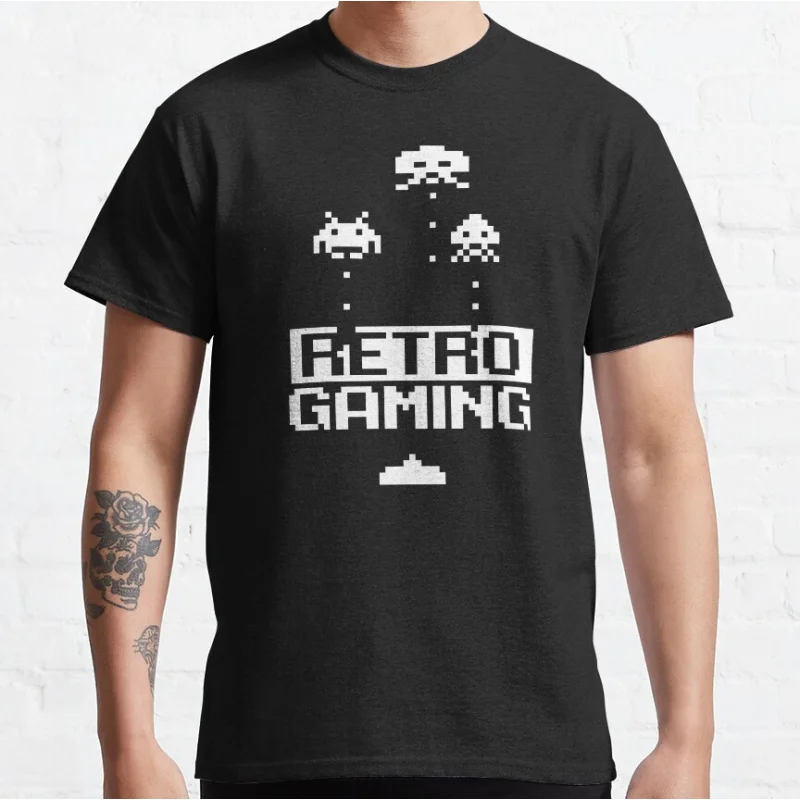 

Retro gaming 8 bit video game vintage style 80s Arcade Games Space Invader pixel alien old school gaming T-shirt large size tops