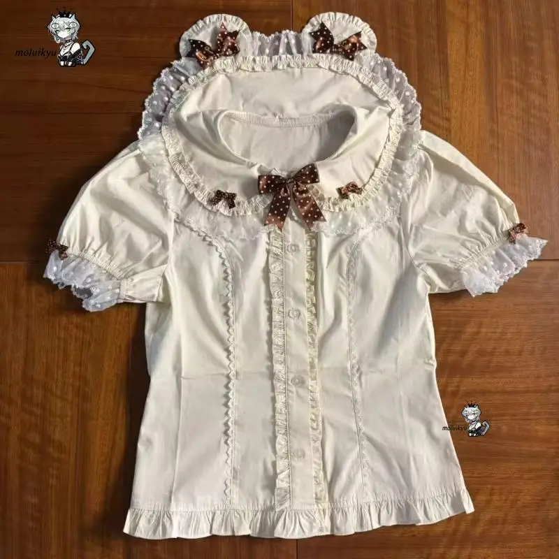 Kawaii Ruffles Blouses Spring Summer Japanese Puff Sleeve Fashion Women Shirts Retro Sweet Peter Pan Collar Harajuku Cute Tops view 4