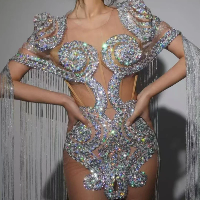 Diamond Feestjurk Vrouwen Zanger Lange Omzoomd Jazz Kleding Bar Dj Gogo Kostuum Stadium Festival Outfit Clubwear