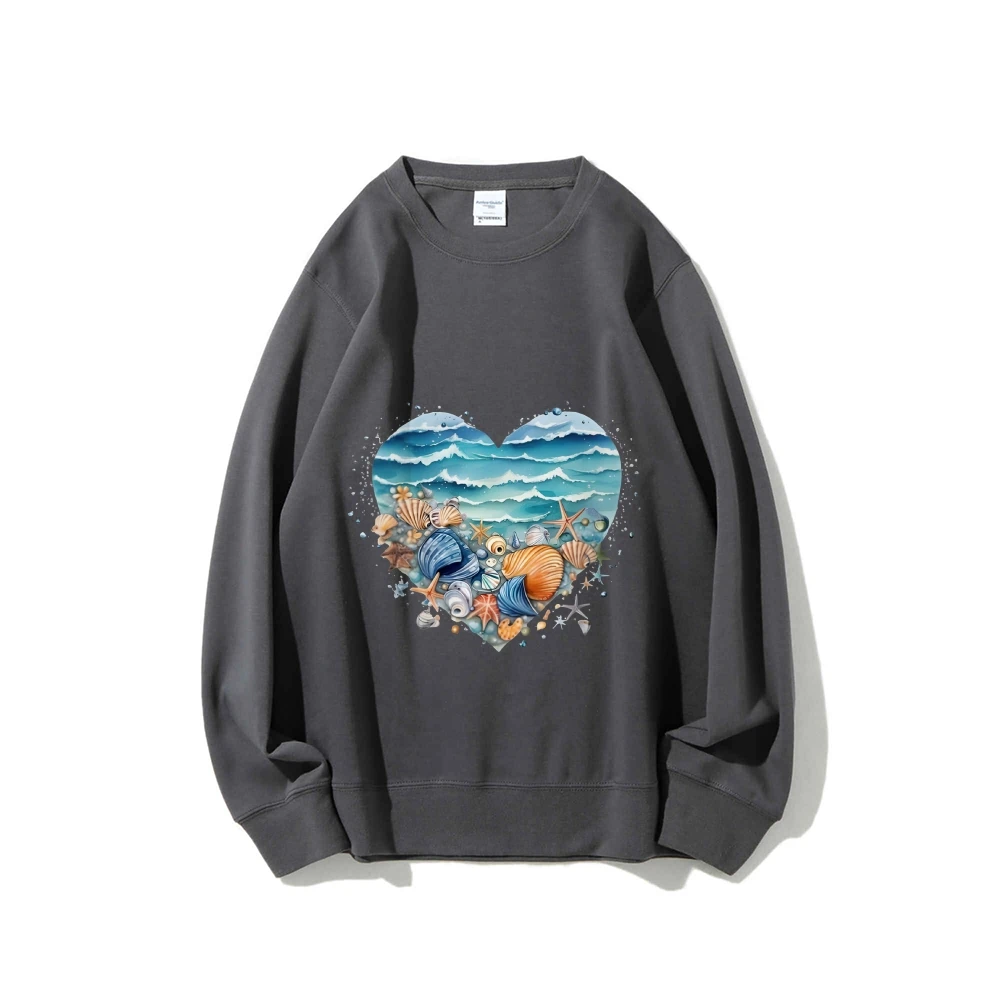 سويت شيرت Y2k برسومات على شكل قلب - على شكل شاطئ مع طباعة قذائف، قماش ناعم رومانسي وساحلي لمظهر كاجوال على شاطئ البحر