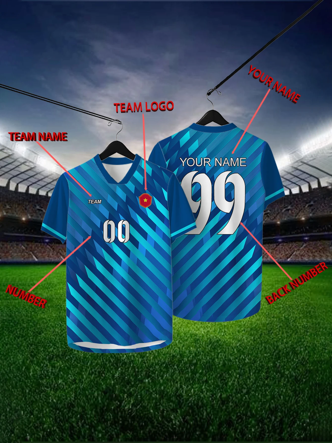 

Customized Geometric Blue Short Sleeved Shirt with Team Name, Emblem, Name and Number, Outdoor Sports Short Sleeved T-shirt