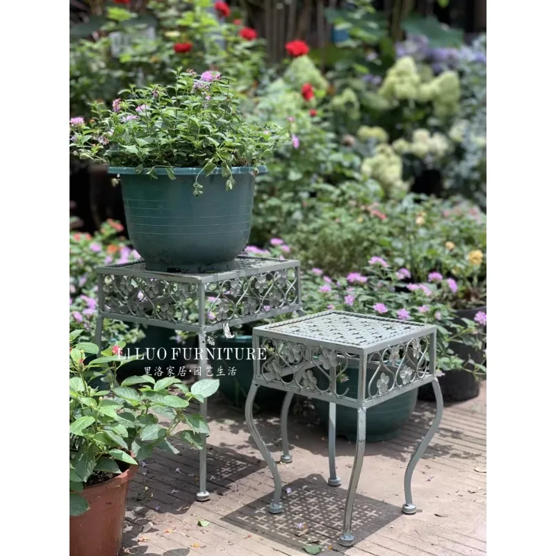 American retro wrought iron flower stool two-piece set, garden gardening balcony layered flower stand, potted plant decorative f