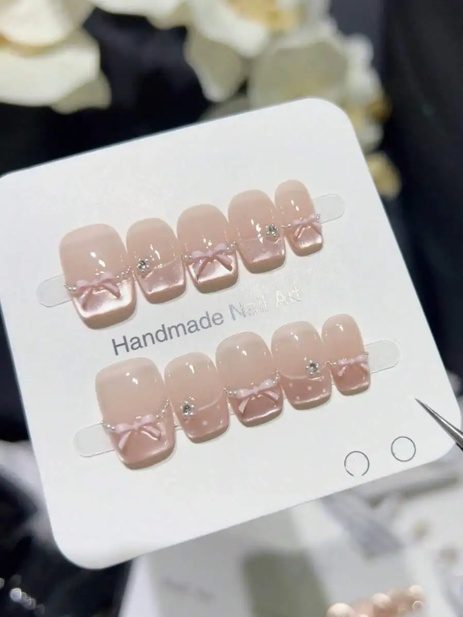 10pcs Handmade Pink Cat Eye Polka Dot Bow Press On Nails