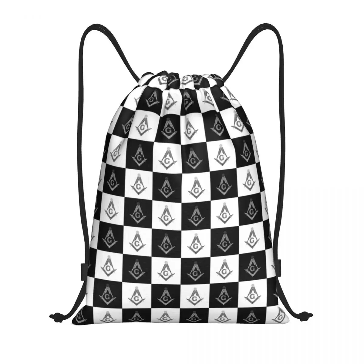 Freemason Checkered Drawstring Mochila, Esporte Gym Sackpack, Portátil maçônico Mason Training Bag, Padrão preto e branco