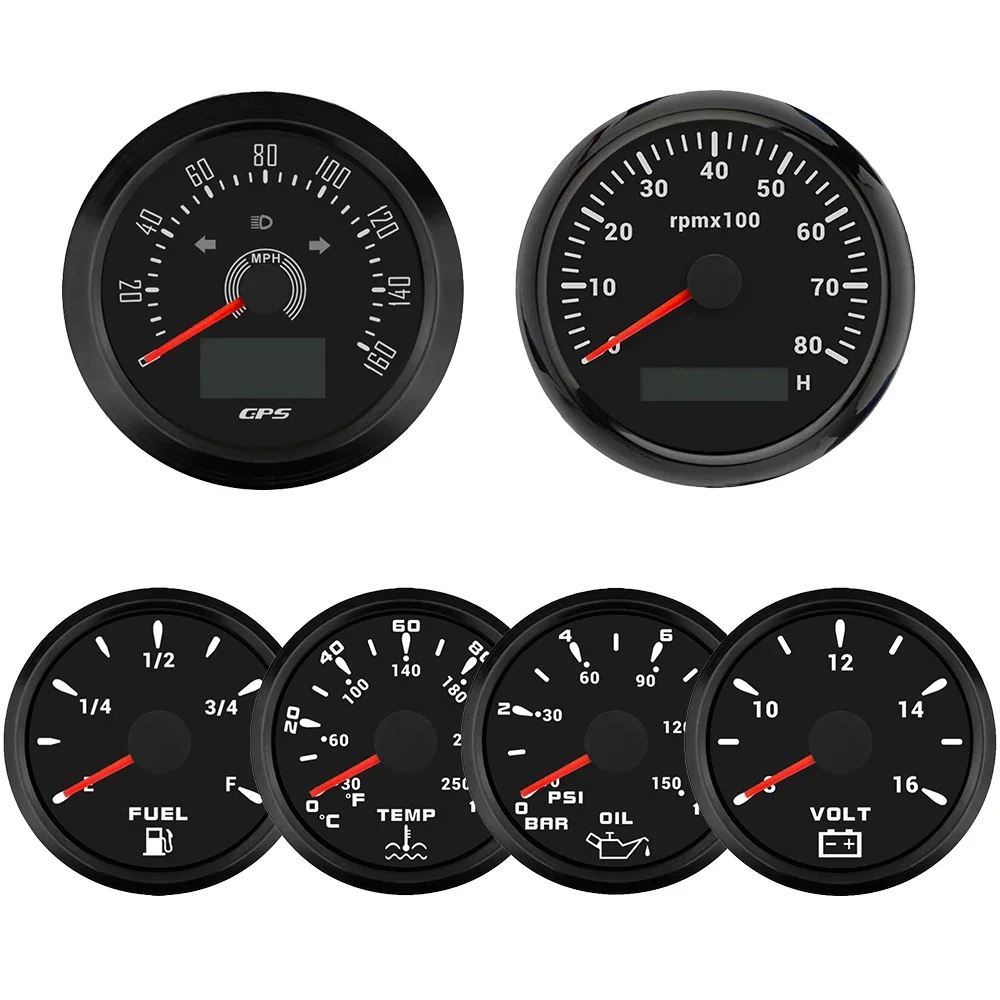 New 6 Gauge Set 85mm GPS Speedometer+Tachometer + 52mm Water Temp Oil Pressure Fuel Level Voltmeter 12V with 7 Colors Backlight