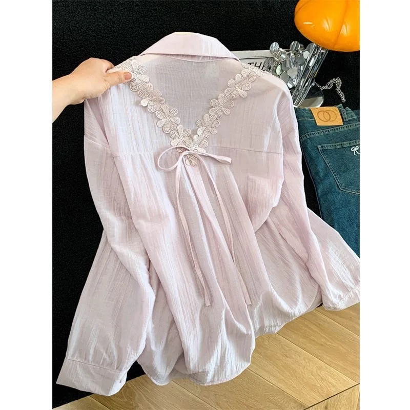 Blue Lace Flower  Knot Shirt Women's Summer Lightweight Sun Protection Loose Fit Long Sleeve  Neck Polyester Fiber