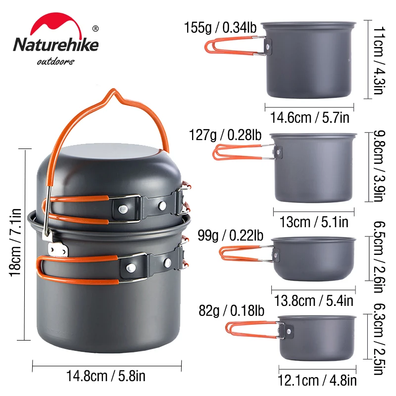 Naturehike Camping Cookware Kit 4 in 1 Outdoor Tableware Aluminum Cooking Set Picnic Pot Pan Bowl Kits Hiking Cooking Utensils