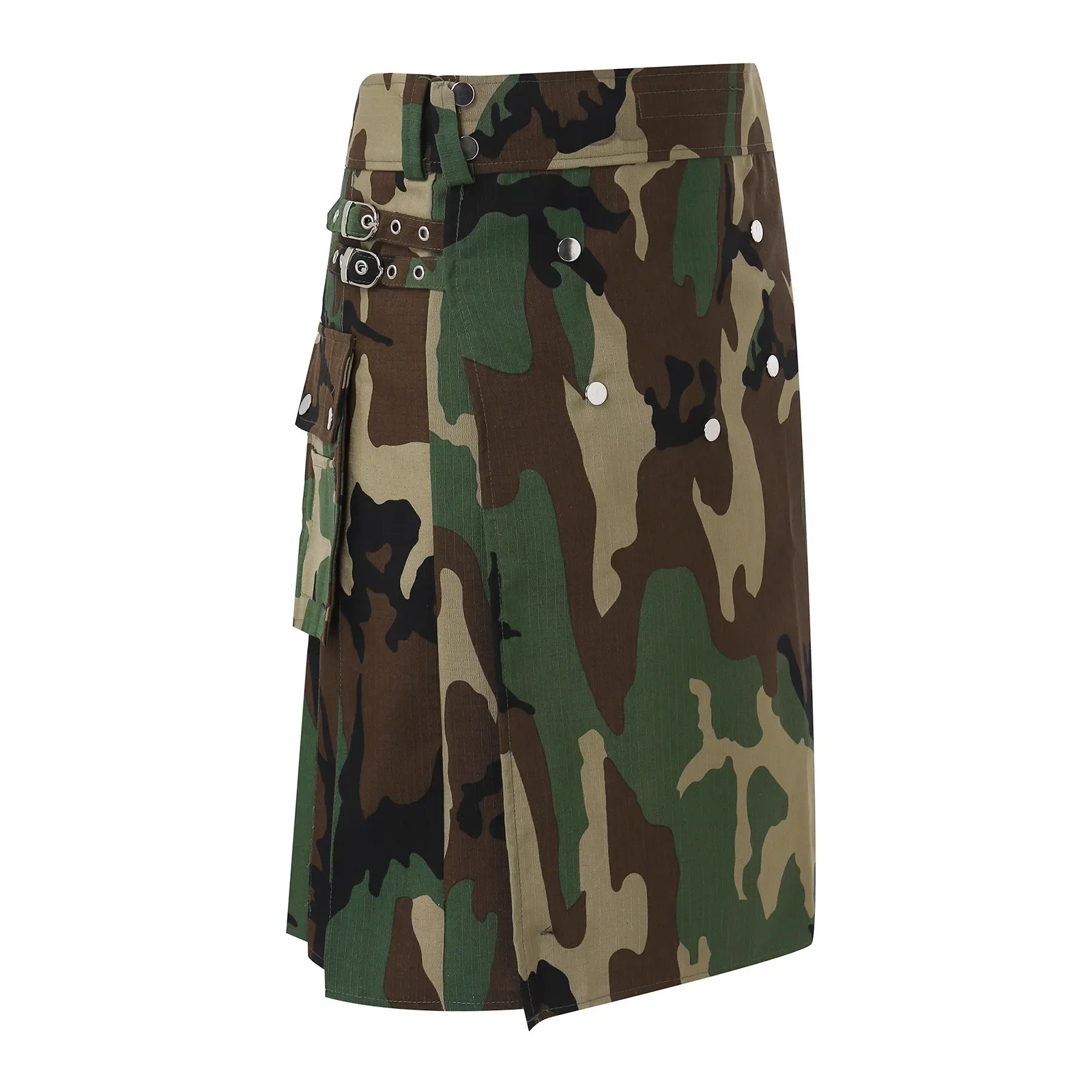 Camouflage Kilt Men'S Fashion Scottish Style Skirt Casual Pleated Pocket Pleated Medieval Knee Length Tartan Utility Skirt