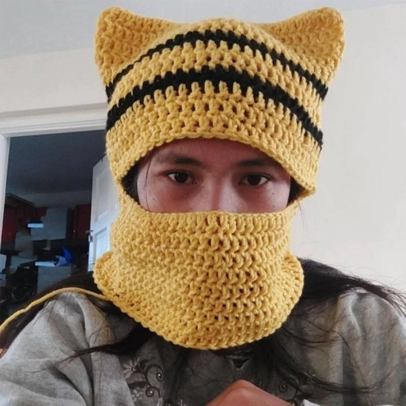 Balaclava Neck Protect Hat with Devil Ear Decor Winter Knit Hat for Adult