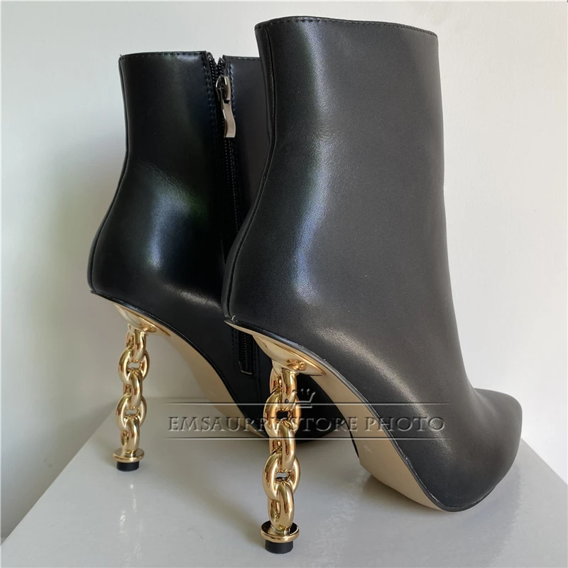 Novelty Metal Twist Strange Heel Winter Boots Women Sexy Pointed Toe Side Zip Genuine Leather Fashion Booties