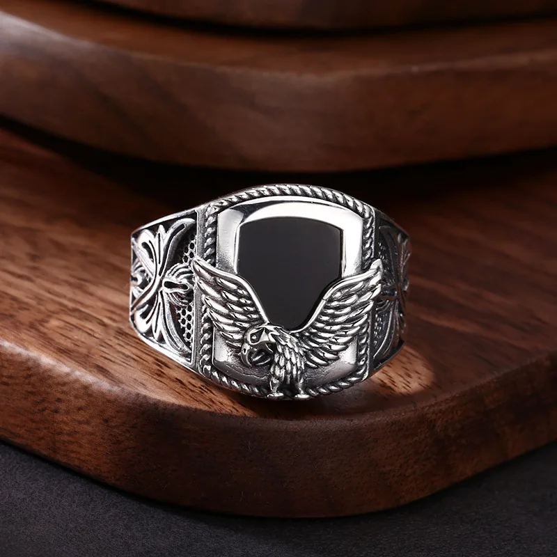

925 sterling silver ring Seiko black zircon Eagle ring opening Thai silver vintage trendy unique ornament