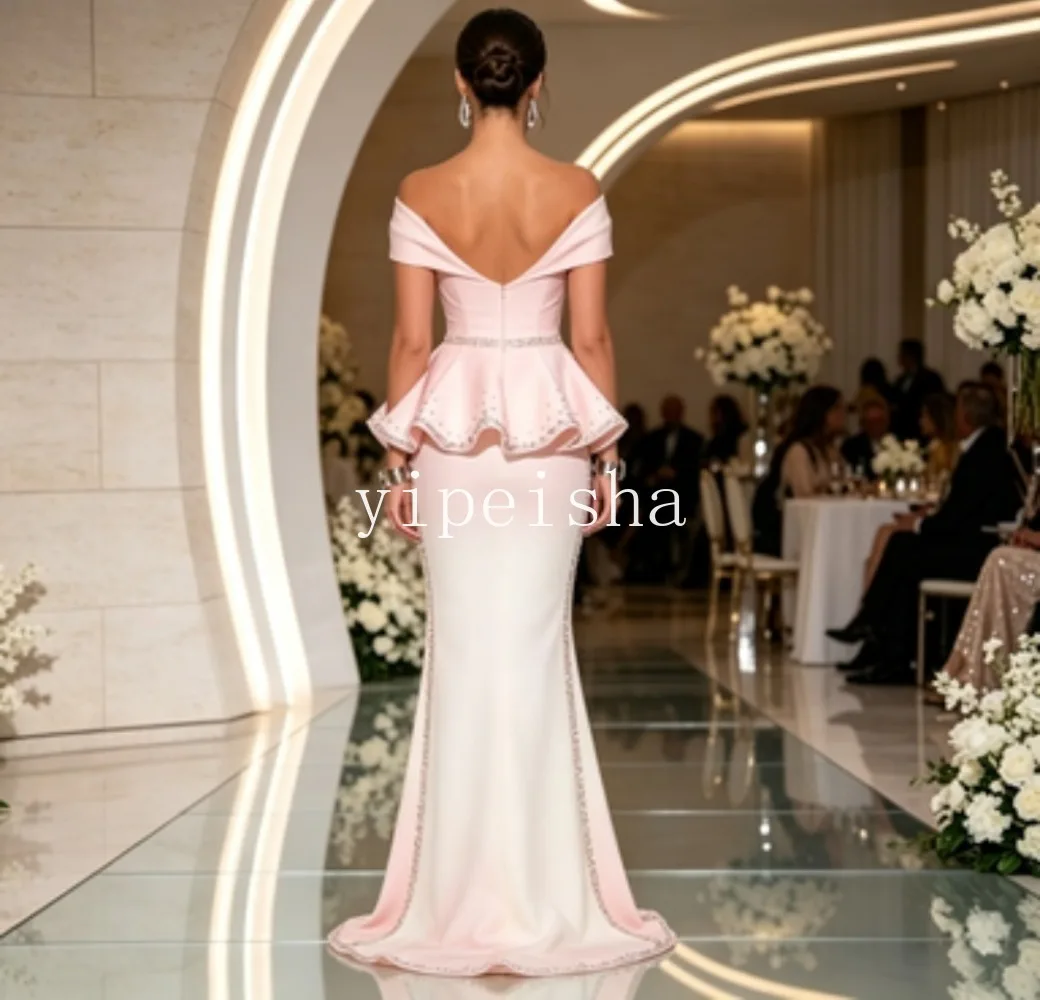 Customized Women Off Shoulder Mermaid Evening Dress Satin Gradient Color Peplum Formal Gown Rhinestone Trim Long Prom Sweep Gown