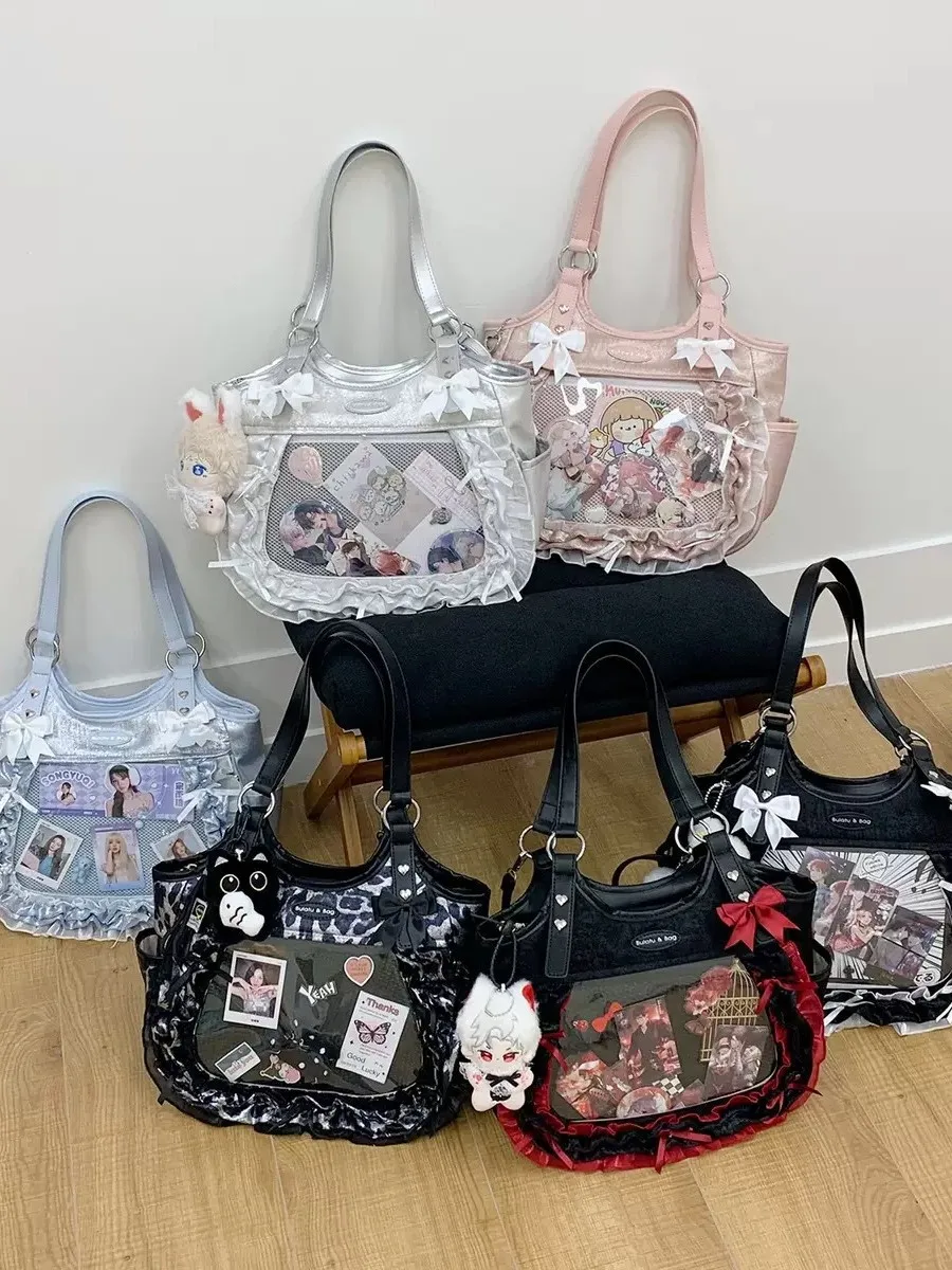 

Japanese Preppy Style Large Capacity Ita Bag Elegant Lace Bow Decor Clear Window Handbag Shoulder Crossbody Tote Bag for Women