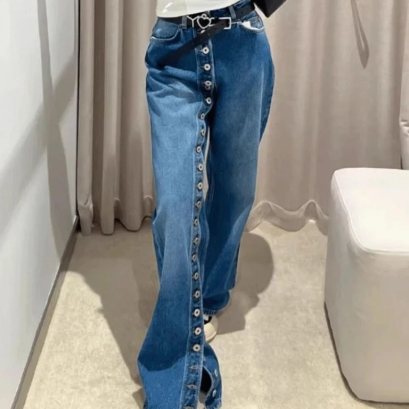Retro Design Heavy-duty Button-down Jeans for Women 2025, Long Floor-length Pants for Stylish Girls.