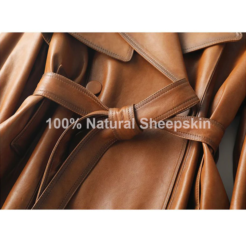 100% Real Sheepskin Women Vintage Brown Leather Jackets Fashion Lapel Collar Belt Ladies Casual First Layer Leather Jackets Tops