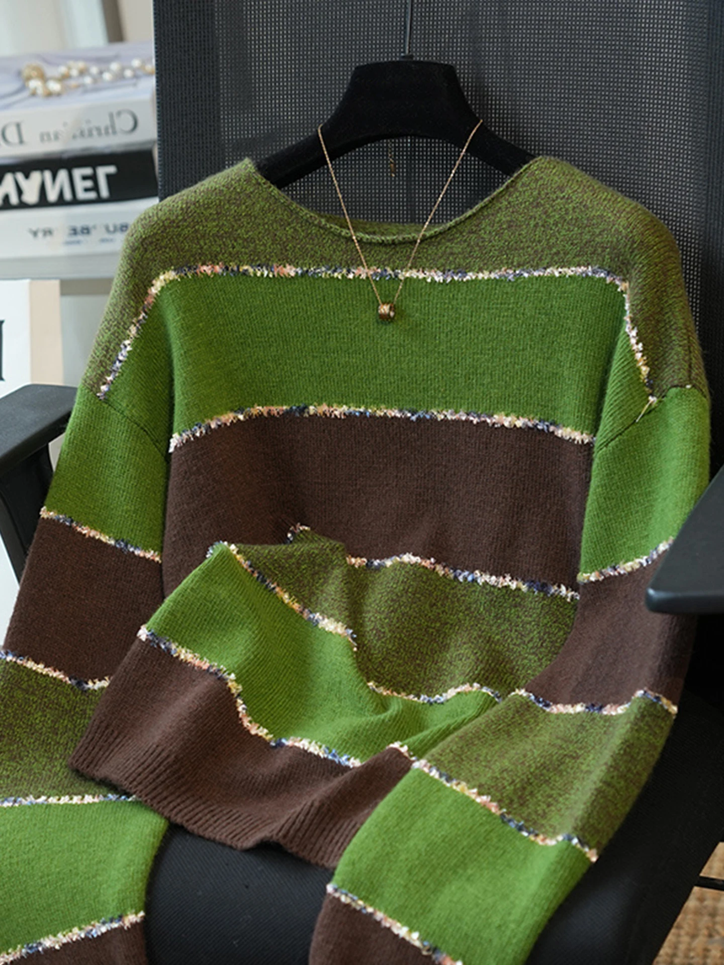 Ladies' Knitted Long Sve Sweater Retro Design Striped Color Blo Lazy Sle Commute Friendly round Ne Pullover Knitwear