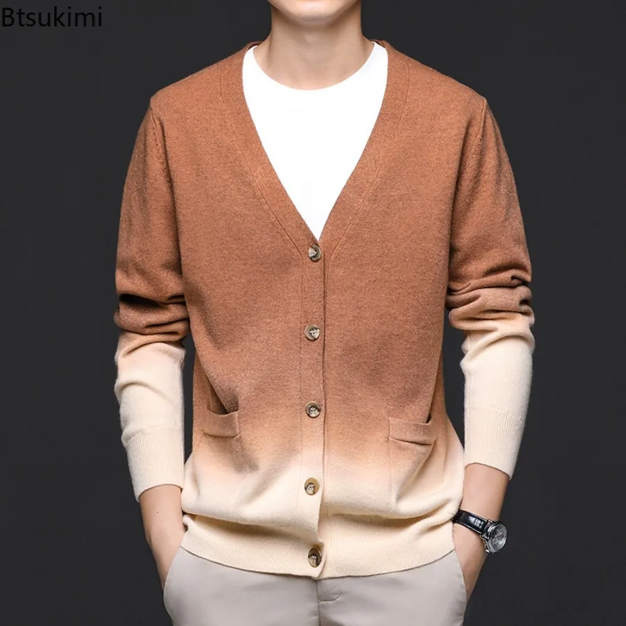 

2025 Autumn Men's Slim Fit Knit Sweater Men Contrast Color Knitted Cardigan Men Casual V-Neck Sweatercoat Male Thin Outerwear