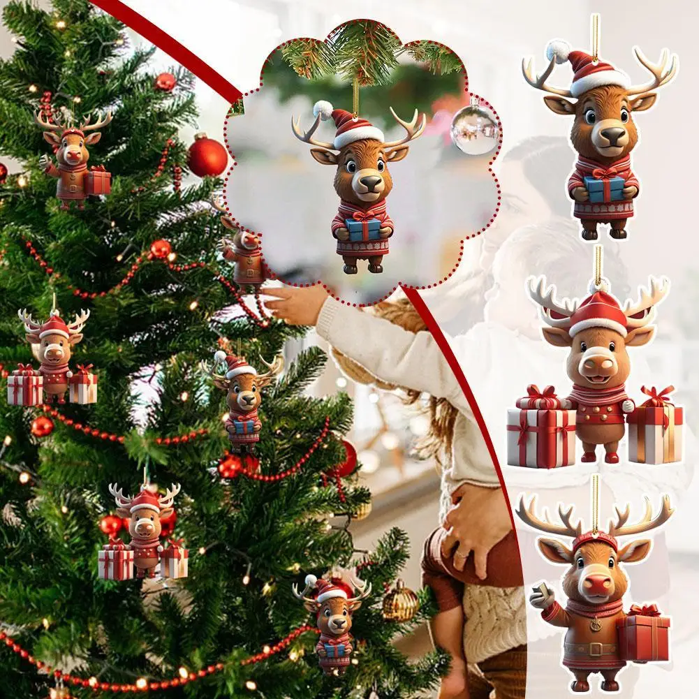 2D Christmas Cartoon Deer Hanging Ornament Christmas Tree Pendant Home Window Wall Decoration Living Room Decor