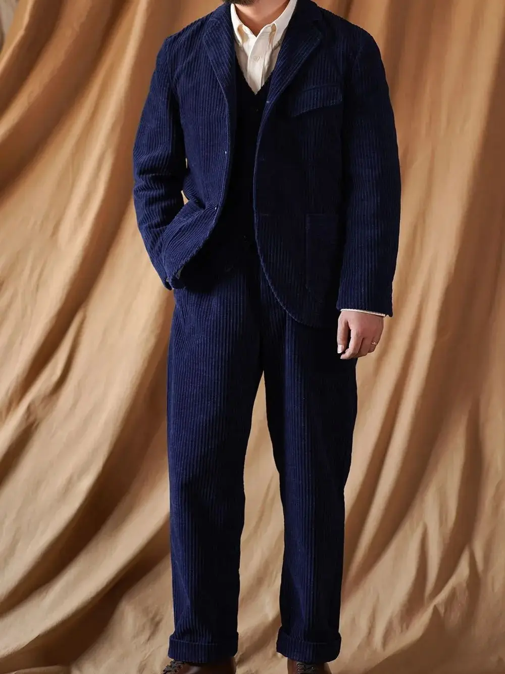 Men's Indigo Engineer Corduroy Suit Jacket Classic French Style Outwear