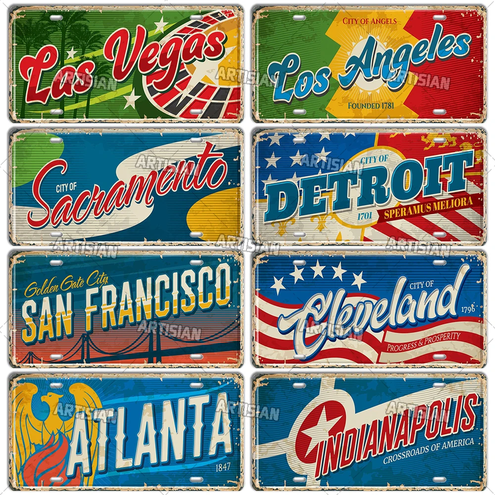 Artisian USA License Plate Landmark Metal Sign US City State Decorative Plaque Wall Decor Garage Bar Pub Club Hotel Cafe Kitchen