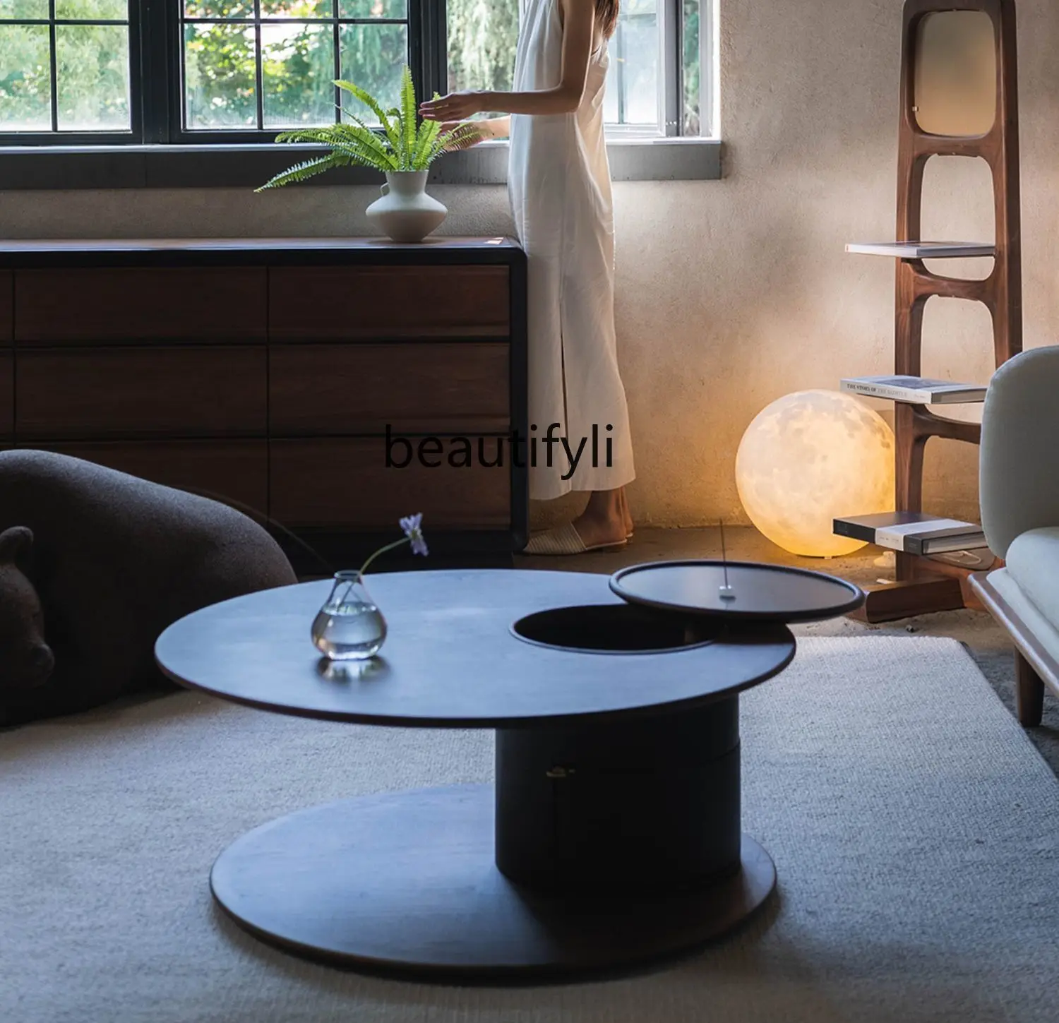 

Living Room Home Wabi-Sabi Style Minimalist Black Solid Wood Round Low Coffee Table