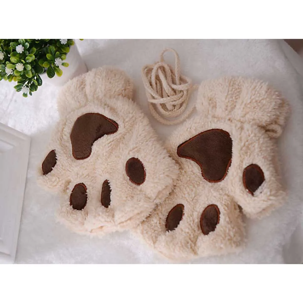 Warm Cat Claw Dog Paw Thick Short Fingerless Gloves Adjustable Rope Half Finger Winter Gloves for Texting Beige