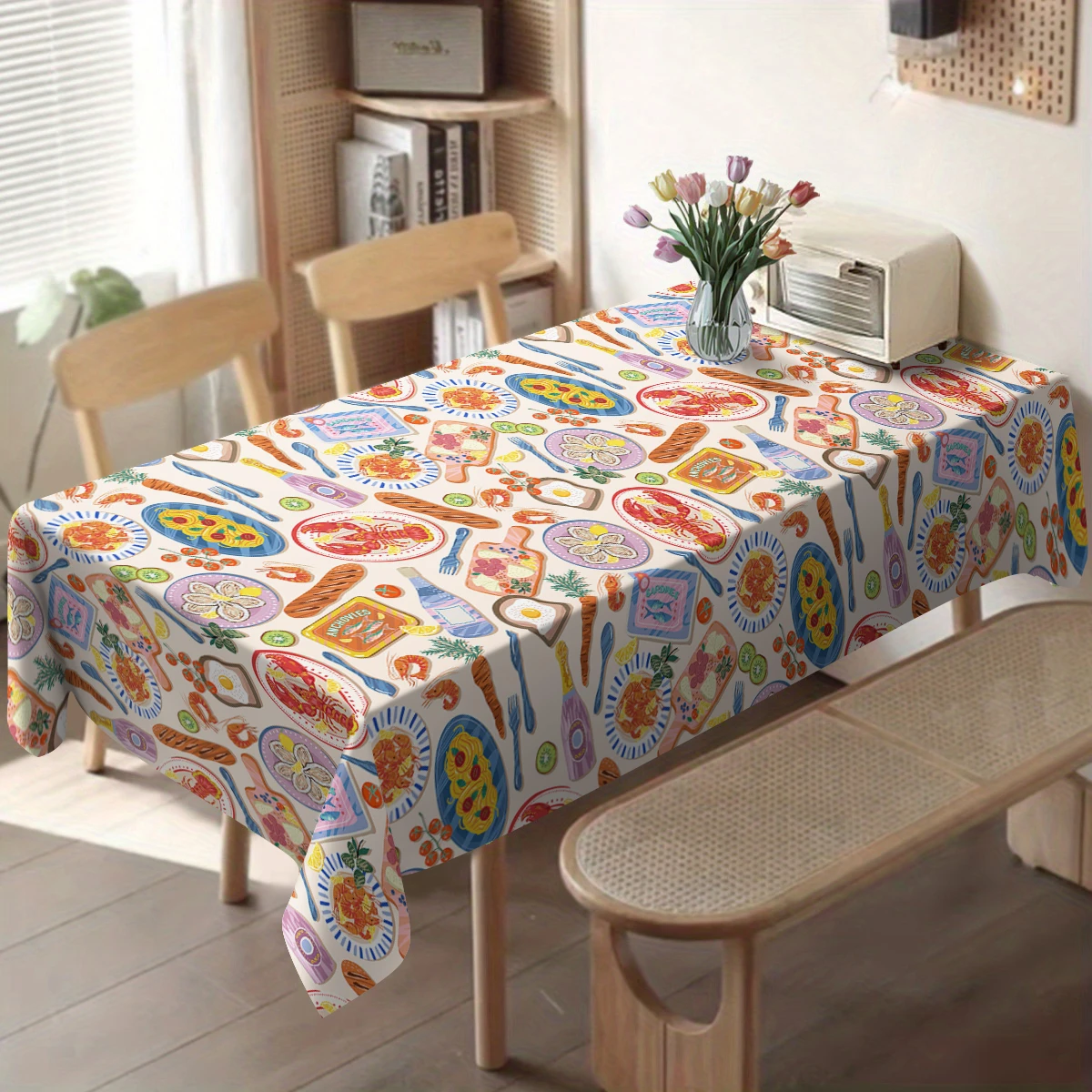 Fun Food & Seafood Pattern Polyester Tablecloth - Decorative Table Cover for Dining Room, Stylish Home Party Table Decoration