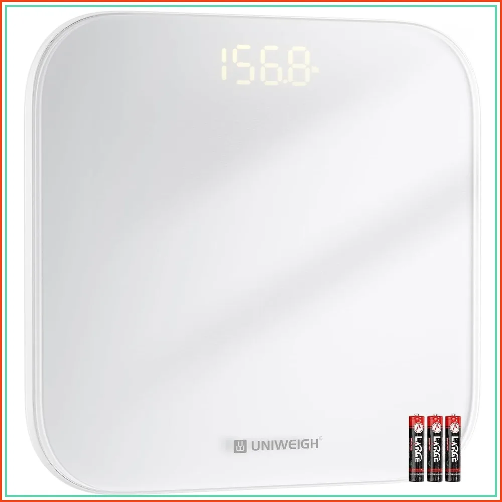 

Digital Bathroom Scale for Body Weight Accurate up to 440lbs with Sturdy Tempered Glass, LED Display, Step-on, Compact Size, 3 Units, Batteries Included, White