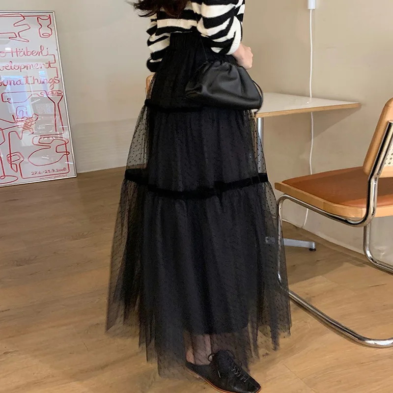 Women\'s Summer Casual Fashion Korean-Style High Waist Black All-Match Lace A- Line Skirt