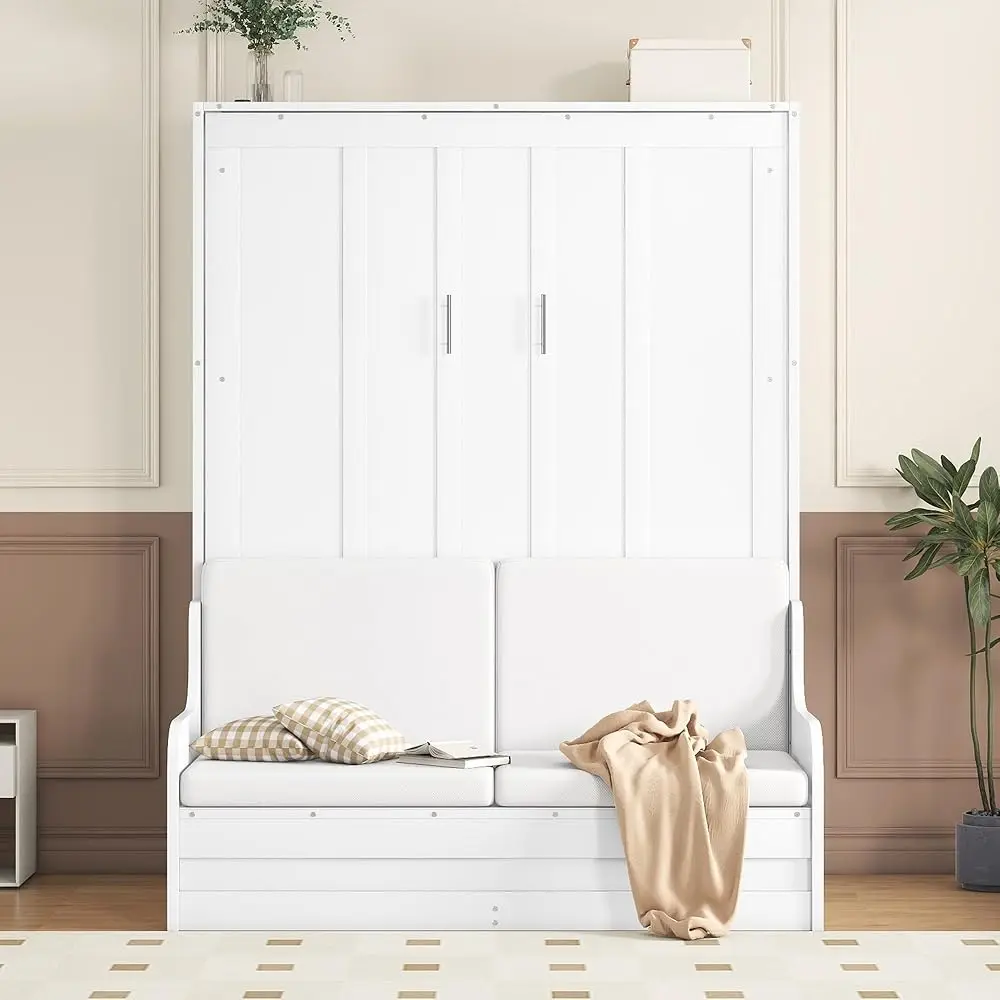 Queen Size Murphy Bed, Wooden Queen Murphy Bed Wall Bed With Sofa And Cushion, For Home Office Or Small Room, White