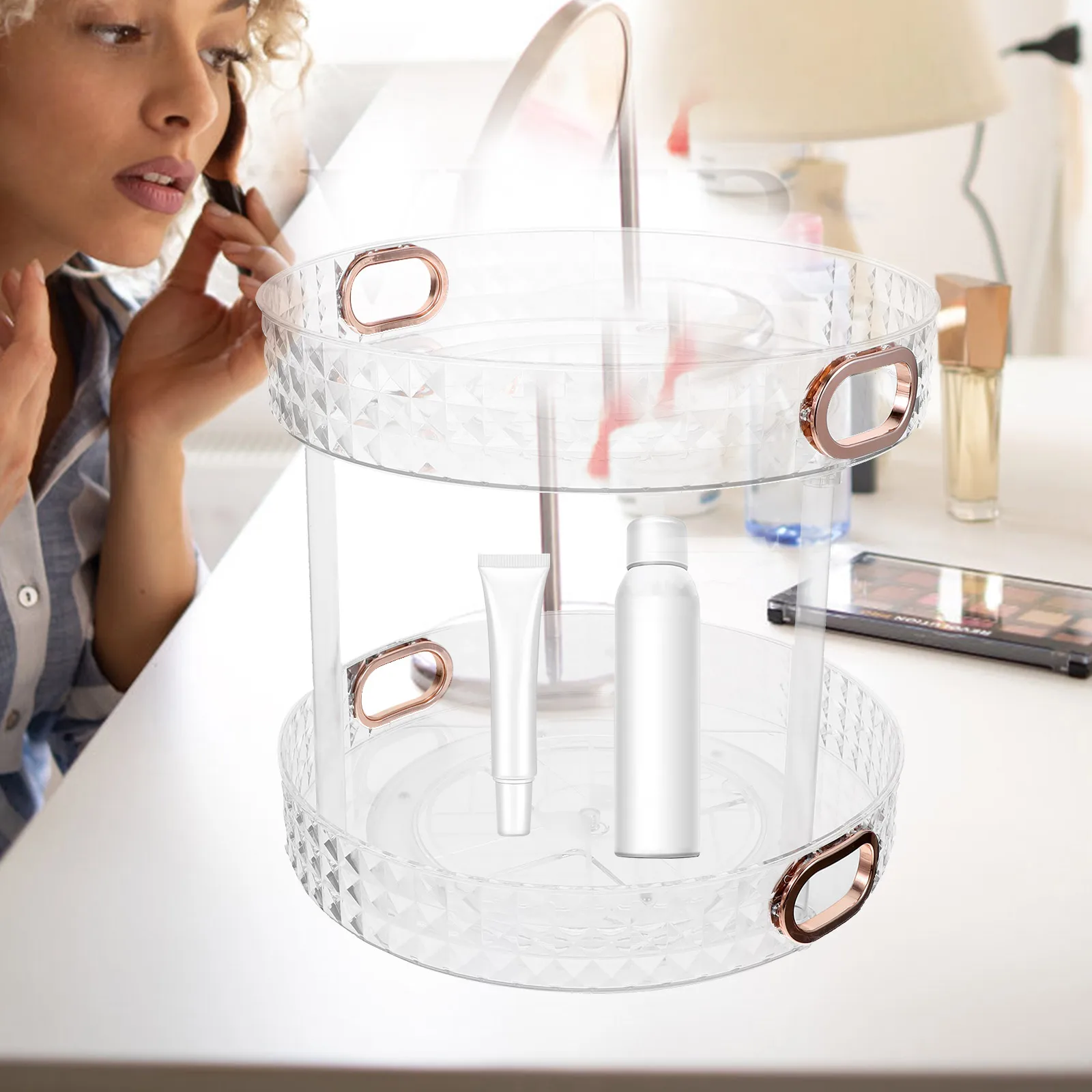 

Double Layer Rotating Tray 360 Degree Turntable Organizer Kitchen Condiment Storage Rack Transparent Perfume Bottle